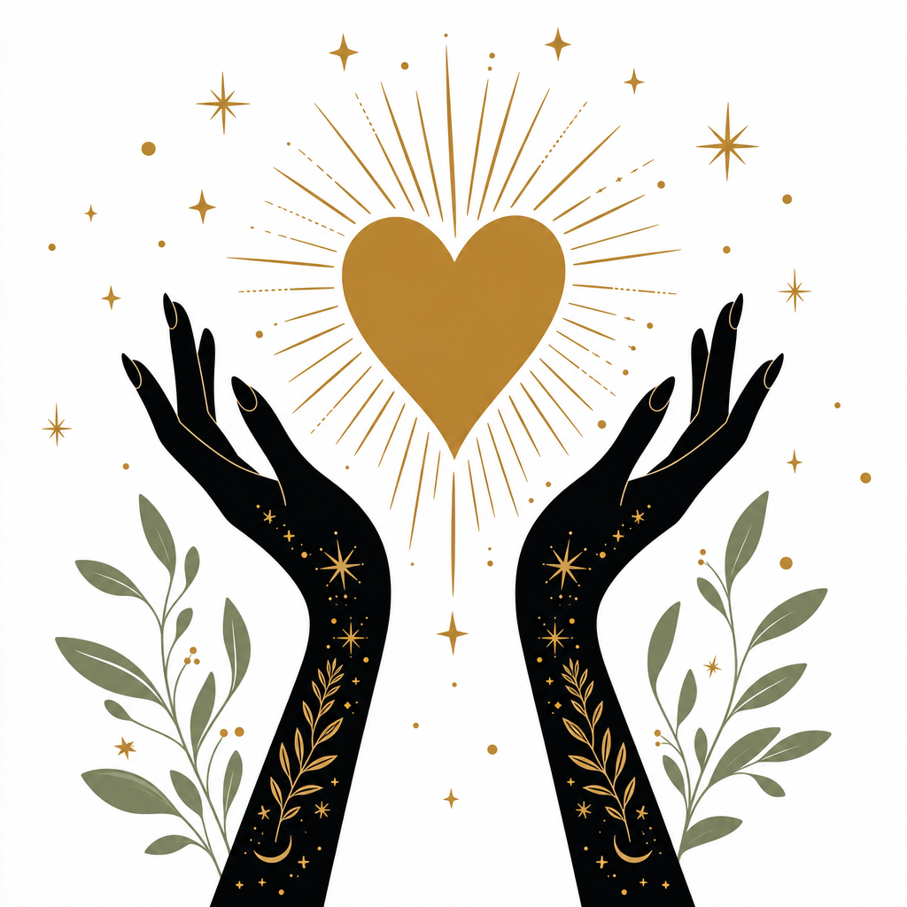 Illustration of black hands opening around a glowing gold heart