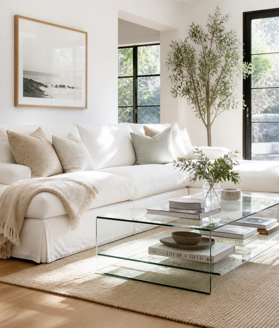 Sunlit, freshly cleaned living room with white linen sofa and clear glass table